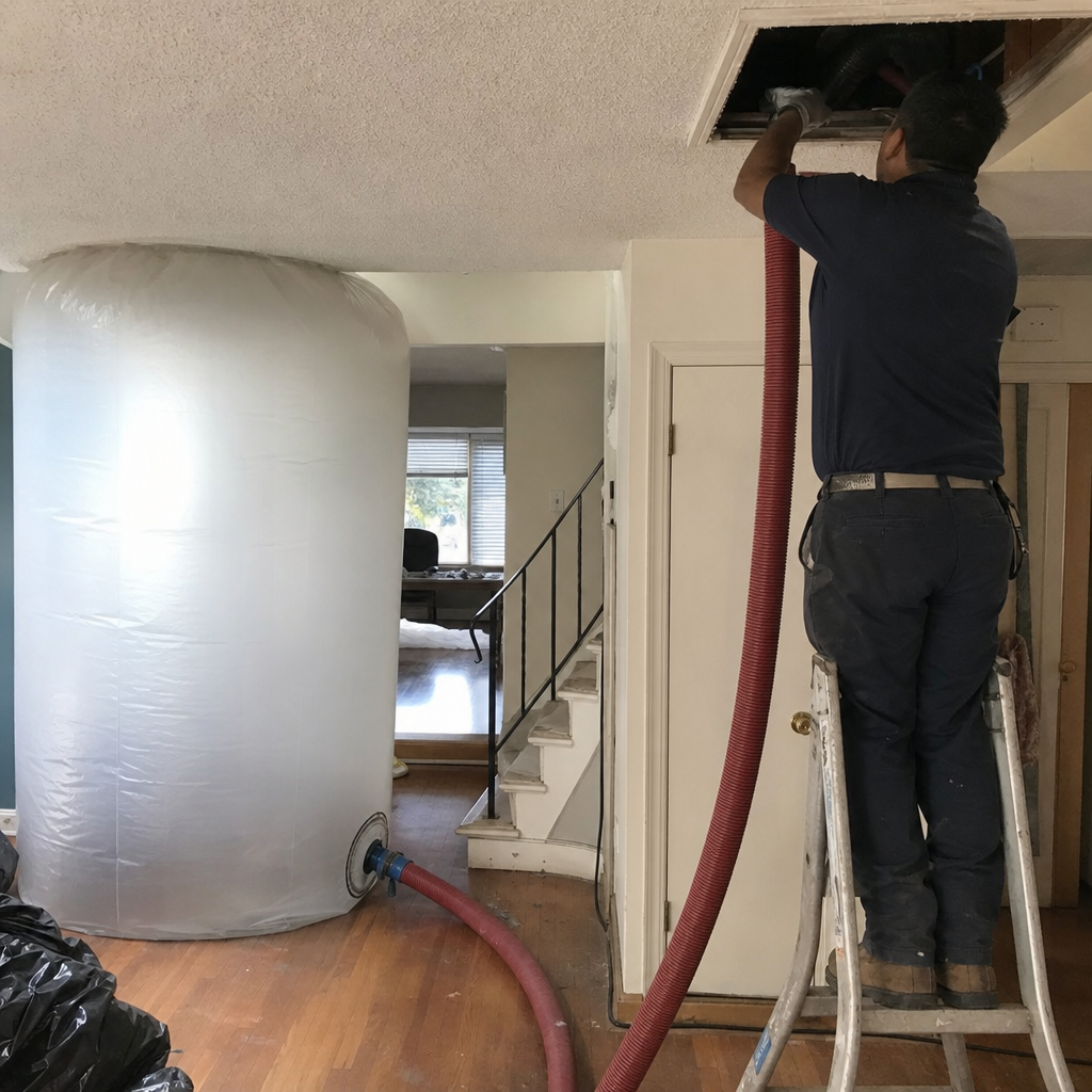 Professional technician performing residential air duct cleaning with vacuum equipment