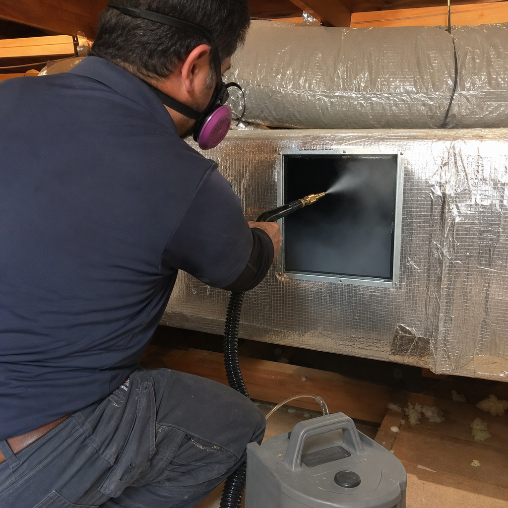 Technician performing professional air duct sanitizing and cleaning service