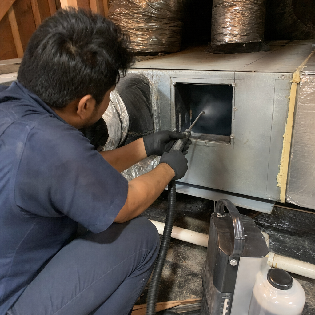 Technician performing professional air duct sanitizing and HVAC system cleaning service