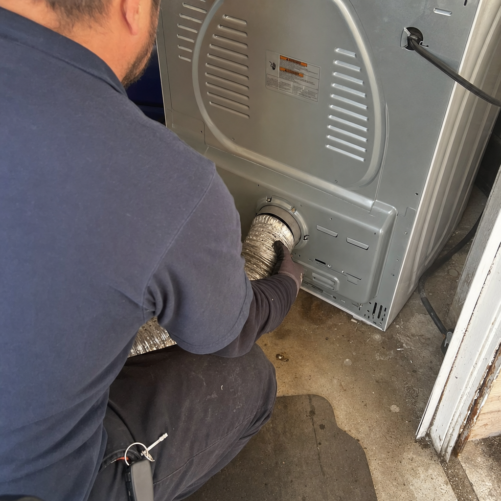 Technician attaching a flexible dryer vent hose to a clothes dryer
