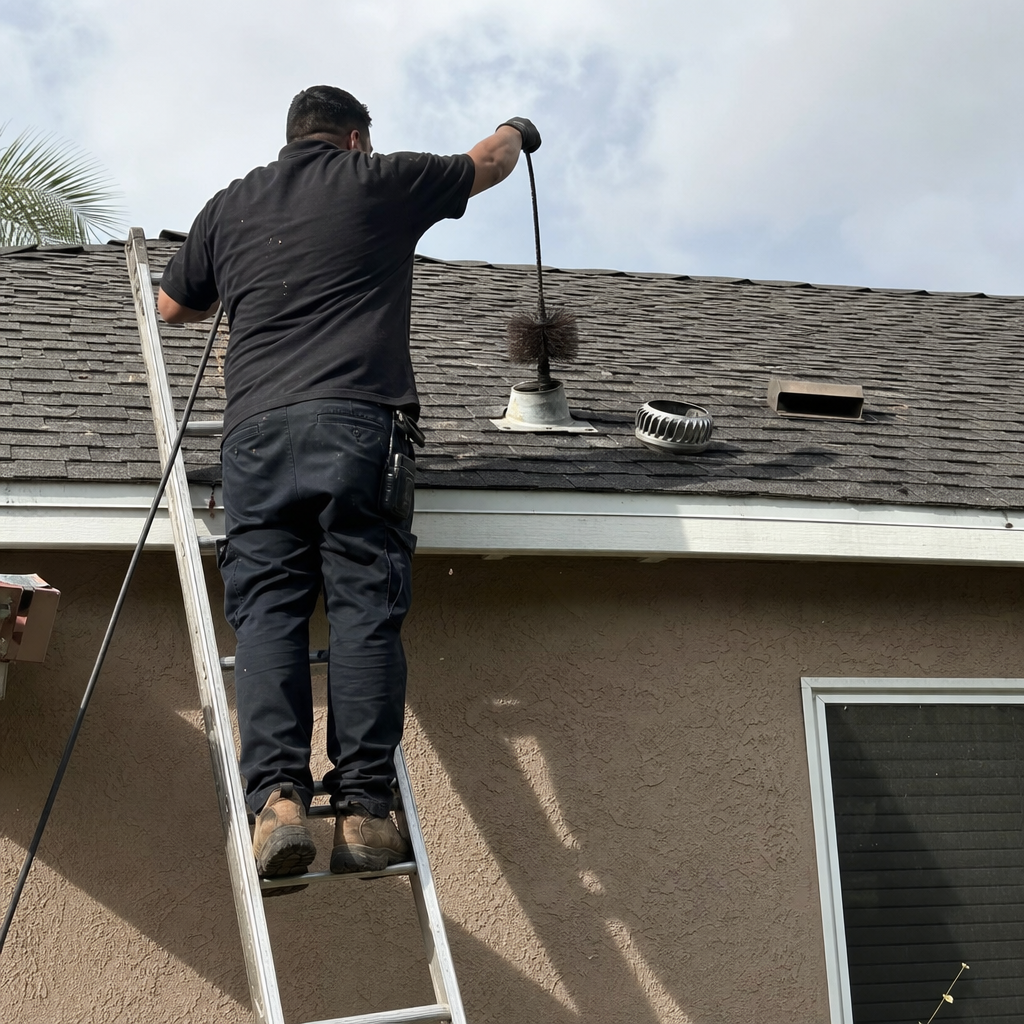 Technician performing professional dryer vent cleaning on a residential roof