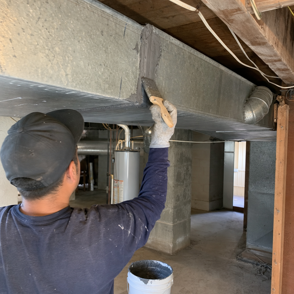 Technician applying HVAC duct sealant to a metal air duct seam