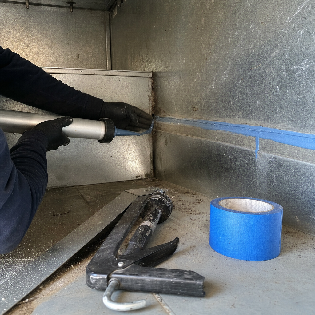 Technician applying professional sealant to metal HVAC air duct joints