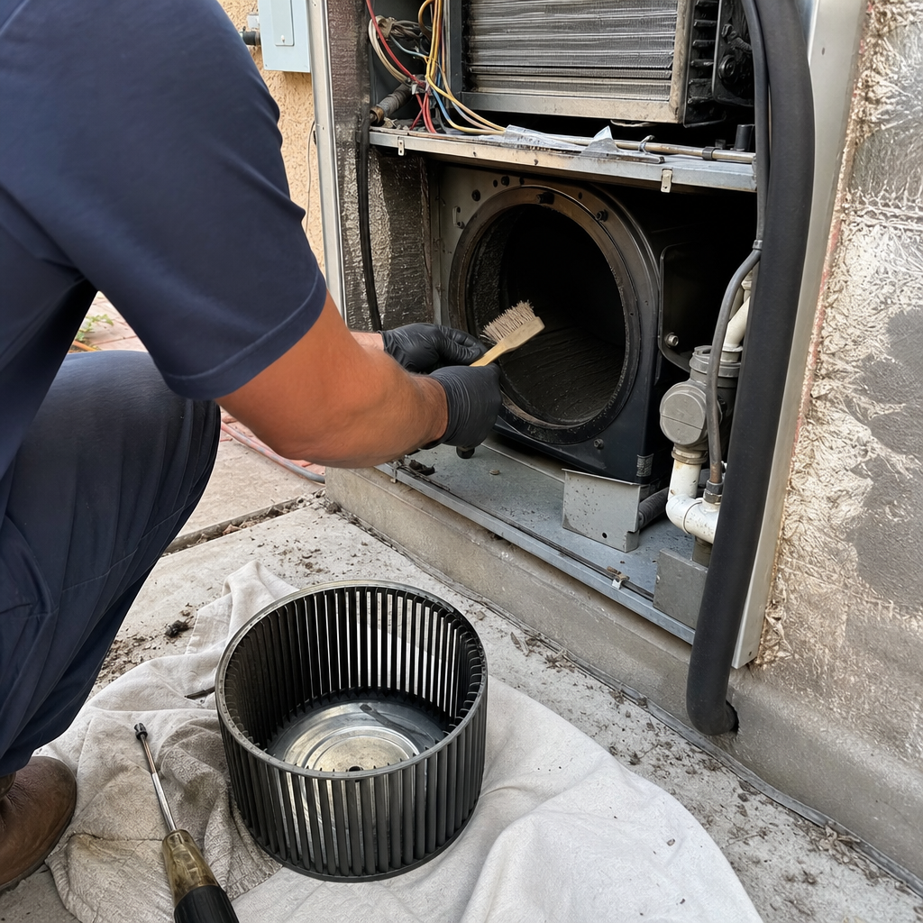 Technician cleaning interior of residential HVAC blower unit with brush