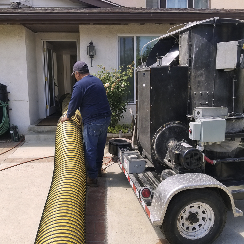 Technician performing residential air duct cleaning services using a portable vacuum system