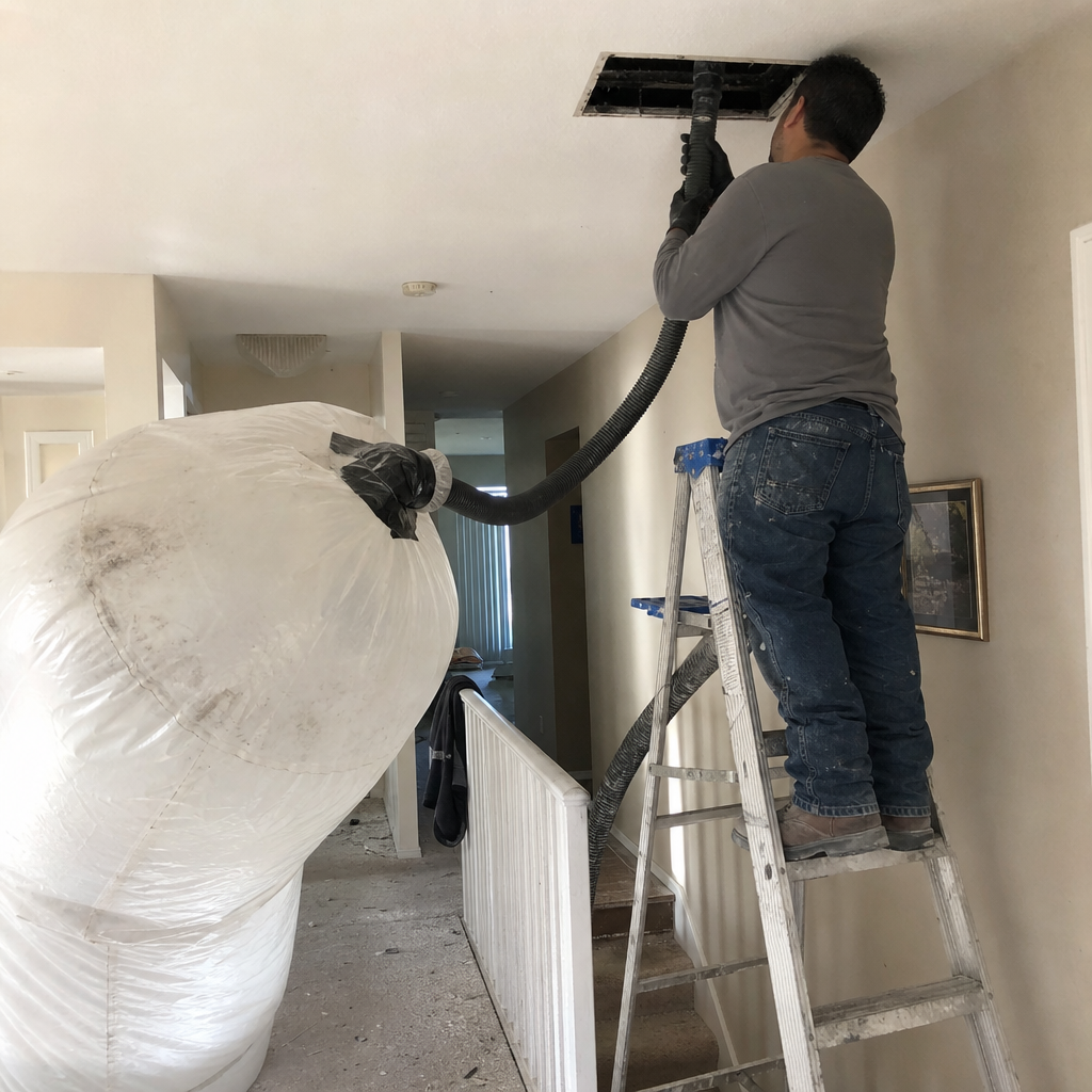 Technician using vacuum equipment for professional residential air duct cleaning service