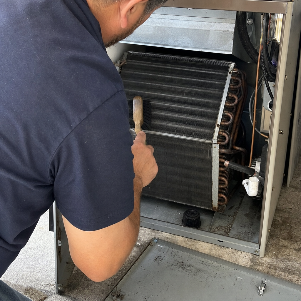 HVAC technician cleaning an air conditioner evaporator coil with a brush